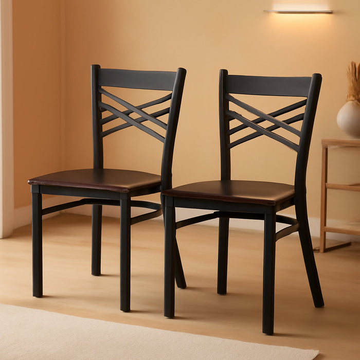 2 Pack HERCULES Series Black ''X'' Back Metal Restaurant Chair - Walnut Wood Seat