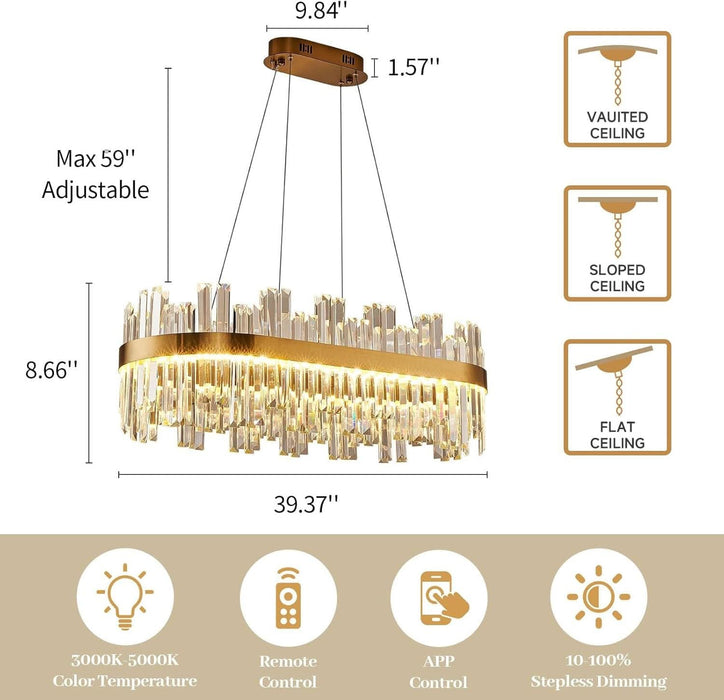 39.3" Dimmable Rectangle LED Crystal Chandeliers,Gold Chandelier Light, 3 Colors Contemporary Pendant Ceiling Light for Dining Room Living Room Kitchen Island Entryway Foyer ,With Remote Control
