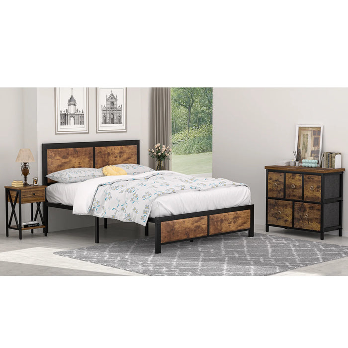 4-Piece Bedroom Set with Queen Size Platform Bed Frame & 5-Drawer Dresser & Two Nightstands, Brown