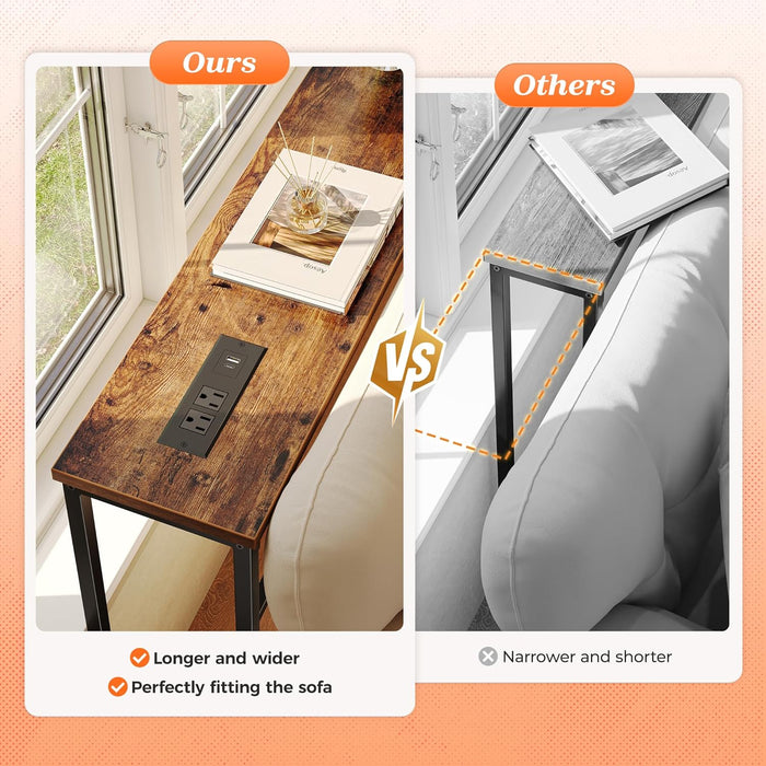 102.4 Inch Sofa Table with Power Outlets and USB-C Port, 5.9 Inch Narrow Console Tables, Entryway Hallway Couch Tables with Storage, behind Sofa, Small Spaces, Living Room, Rusitc Brown