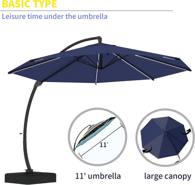 11Ft Offset Cantilever Patio Umbrella with Solar Lights, Large round Outdoor Umbrella with Base Included, Aluminum Frame, 360° Rotation & Infinite Tilt for Deck Pool Backyard, Navy Blue