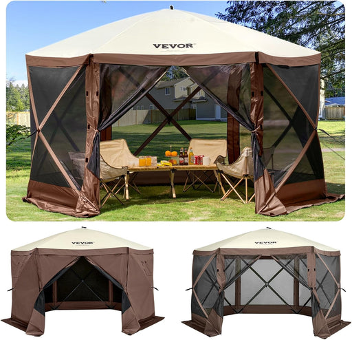 12 * 12Ft 6 Sided Pop-Up Canopy Shelter Tent with Mesh Windows, Portable Carry Bag, Stakes, Large Shade Tents for Outdoor Camping, Lawn and Backyard, Brown/Beige