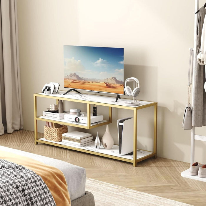 TV Stand for Tvs up to 55 Inch, 3 Tier Entertainment Center, Media Console with Open Storage Shelves for Living Room Bedroom, 47” Modern TV Table with Faux Marble Top Gold Metal Leg