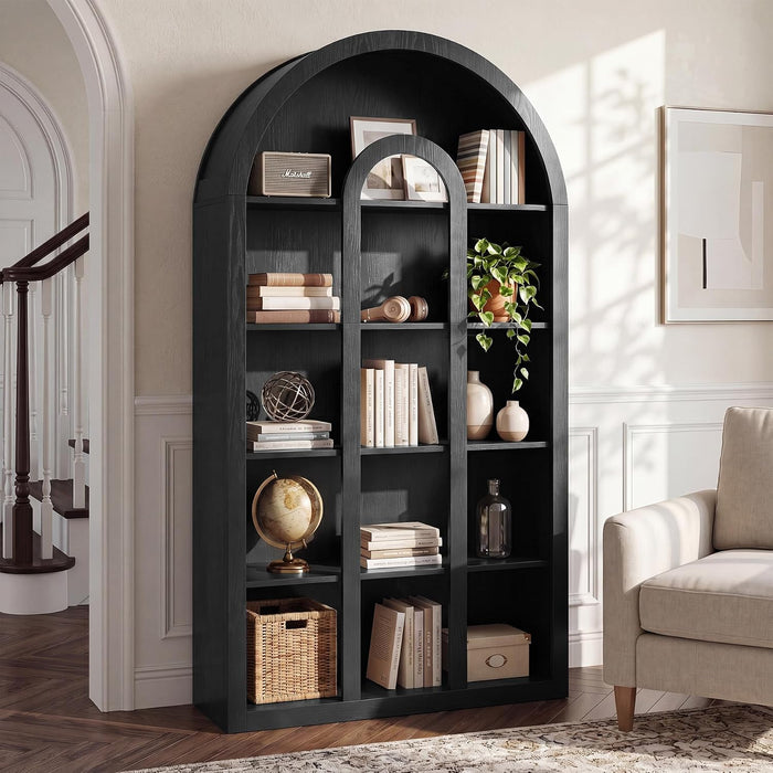 Tribesigns 71" Tall Bookshelf Set of 2, 5-Tier Black Arched Bookcase with Open Shelves, Vintage Free-Standing Display Shelves with Rustic Wood Finish for Living Room, Office, Bedroom