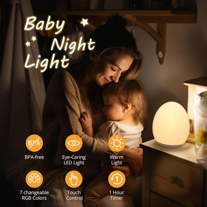Night Light for Kids, Baby Egg Light with 7 Colors Changing Mode & Stepless Dimming, Nursery Night Lamp BPA Free,Rechargeable Egg Night Light for Breastfeeding 1H Timer & Touch Control, Wood