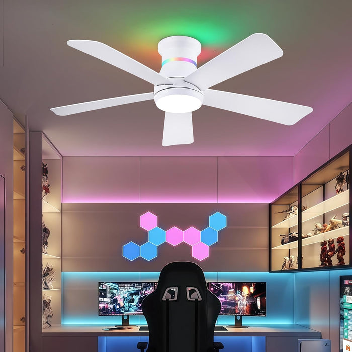 46" White Ceiling Fans with RGB Lights - Flush Mount Ceiling Fan Light with LED 3CCT Dimmable, Modern Low Profile Ceiling Fans for Indoor Party,Covered Outdoor
