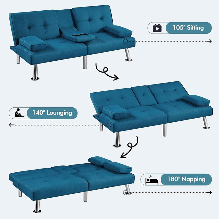 Convertible Sofa Bed Adjustable Fabric Couch Sleeper Modern Recliner Reversible Loveseat Folding Daybed Guest Bed, Removable Armrests, Cup Holders, 3 Angles, 772Lb Capacity, Aqua Blue