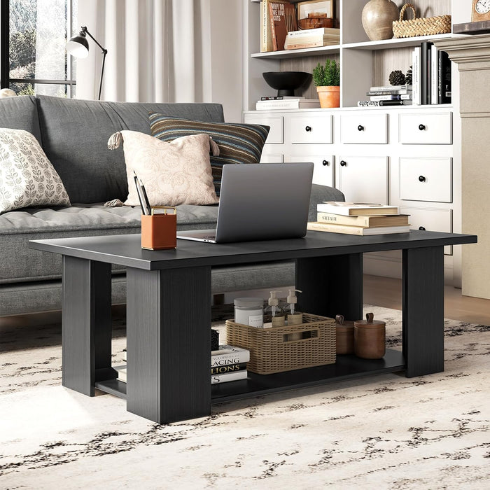 2-Tier Coffee Table, Modern Rectangular Center Cocktail Table with 5 Support Legs, Wooden Accent Living Room Furniture, Small Coffee Table for Small Spaces, Easy Assembly (Black)