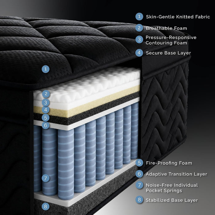 Premium 12 Inch Queen Size Mattress - Black Diamond Quilted, Individual Pocket Spring & Memory Foam Top, Luxurious Support, Pressure Relief
