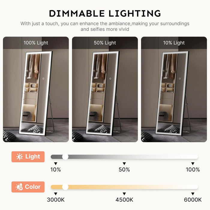 56×18 LED Full Length Mirror with Lights - Wall Mounted Vertical Vanity Mirror for Bedroom & Bathroom, Full Body Backlit, Adjustable Brightness, Tempered Glass