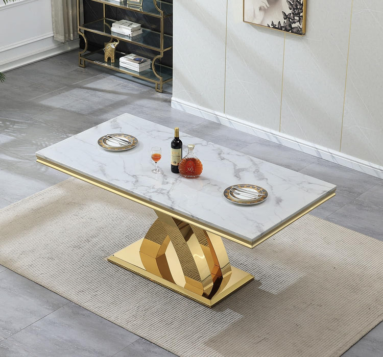 Faux Marble Dining Table, Modern Faux Marble Dining Room Table 70" with X Shape Stainless Steel Pedestal for Kitchen & Dining Room