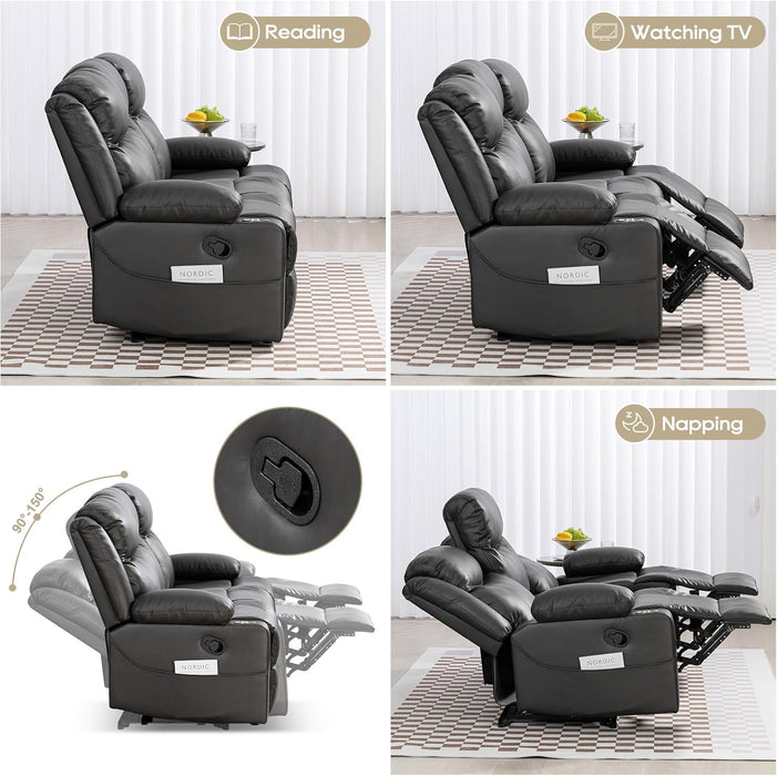 Manual Reclining Sofa - 3 Seat Recliner Sofa with Heat & Massage Function, Wall-Hugger Reclining Sofa for Living Room (Grey) | Cup Holder, Side Pocket