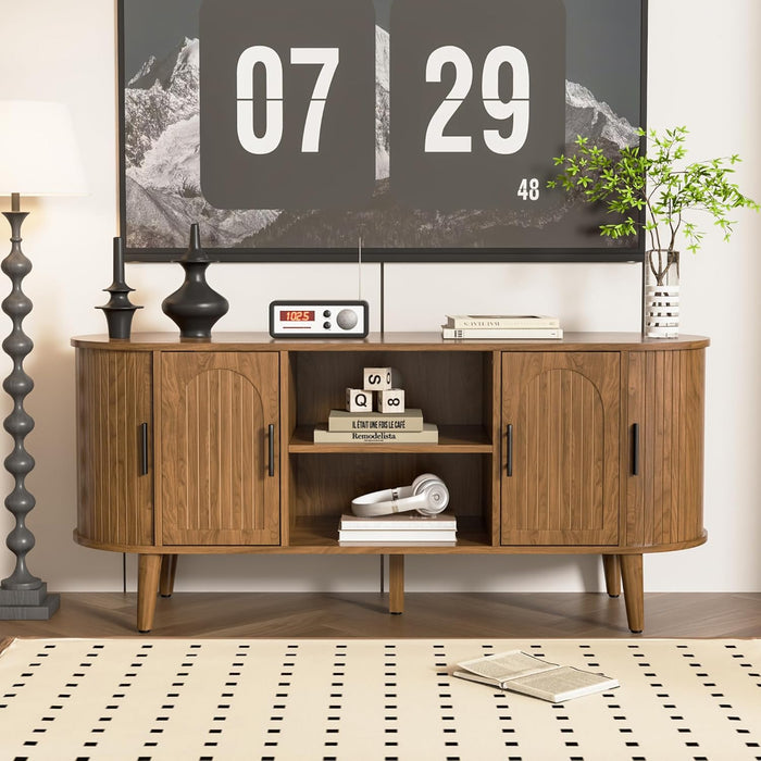 51" Fluted TV Stand, Mid-Century Modern Entertainment Center for Tvs up to 60" with Drawers and Fluted Doors, Curved TV Media Console Table with Sliding Doors for Living Room, Bedroom (51")