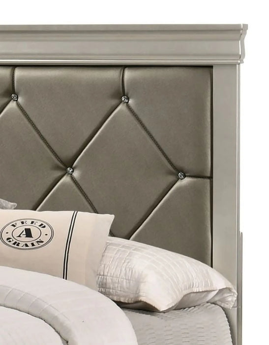 5 Piece Amalia Queen Champagne Silver Upholstered Panel Bedroom Set