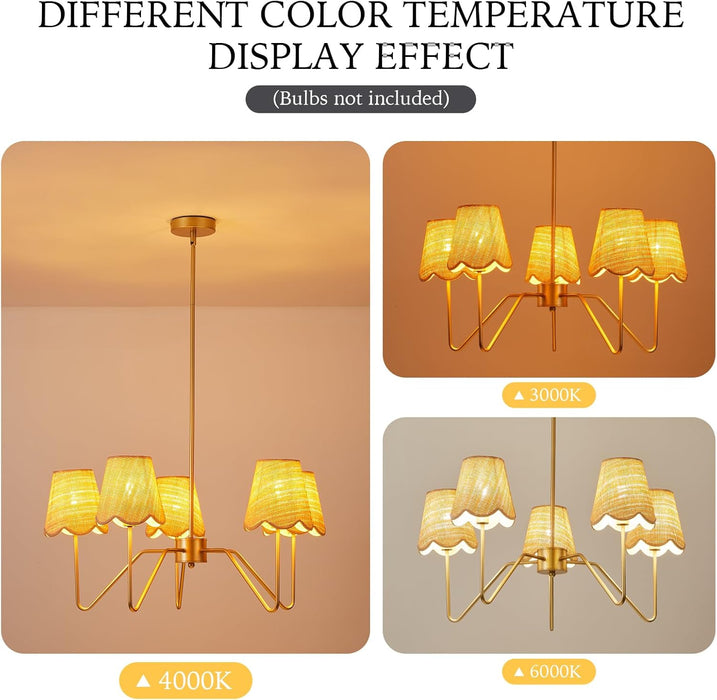 28" Rattan Chandelier, Large Modern Pendant Light Fixtures with Flower Shades Antique Brass Brush Paint Finish for Dining Room, Kitchen Island, Foyer, Living Room 5-Light