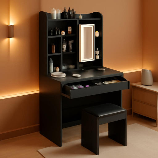 Vanity Desk with Mirror and Lights, for Bedroom,Adjustable 3 Color Lights Modes，Includes Padded Stool, Makeup Table Set with Hidden Storage Shelves, USB Outlets, Hairdryer Holder