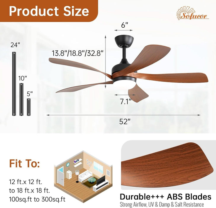 52 Inch Smart Ceiling Fan with Light, Modern Ceiling Fan with Dimmable Memory LED, Compatible with Alexa/Google/App, 6 Speeds 5000CFM, Timer Quiet Reversible DC Motor, ABS, FCC/ETL, Brown