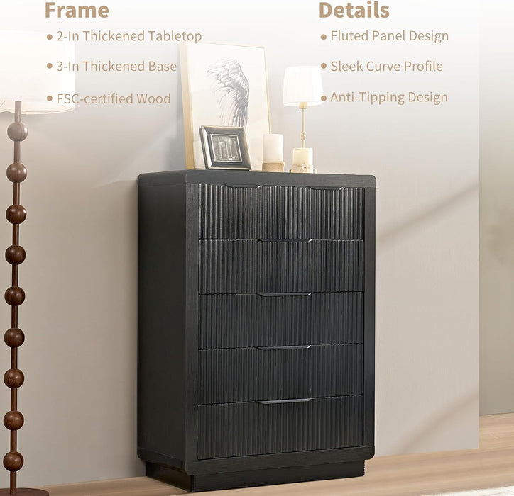 Black Dresser with 6 Drawers, 44.4" Tall Modern Chest of Drawers with Thickened Curved Profile Design, Wooden Dresser Organizer for Bedroom, Living Room, Hallway