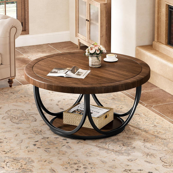 round Coffee Table with 2 Tiers, 33.5" Wooden Circle Accent Cocktail Table with Storage Shelf and Metal Frame, Industrial Center Tables for Living Room, Brown & Black