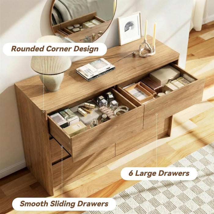 Oak Dresser for Bedroom, 47.2" Wide Mid Century Modern Chest of Drawers with 6 Large Storage Space and Curved Edge Design, 6 Drawer Large Dresser for Bedroom