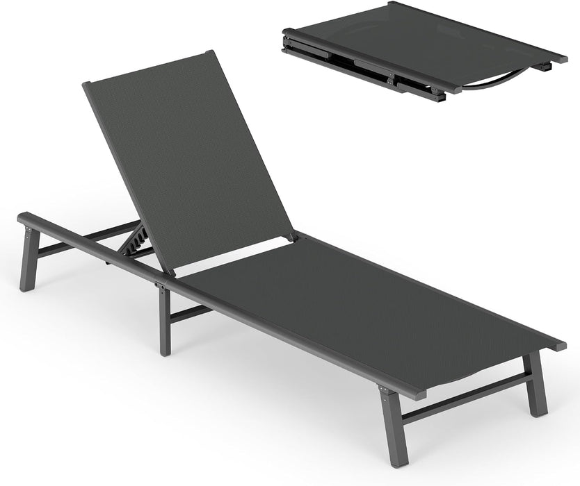 Foldable Outdoor Lounge Chair, No Assembly Patio Chaise Lounge Outdoor with 5-Positions, Aluminum Pool Lounge Chair with Portable Design for Pool, Beach, Deck, Backyard, Grey