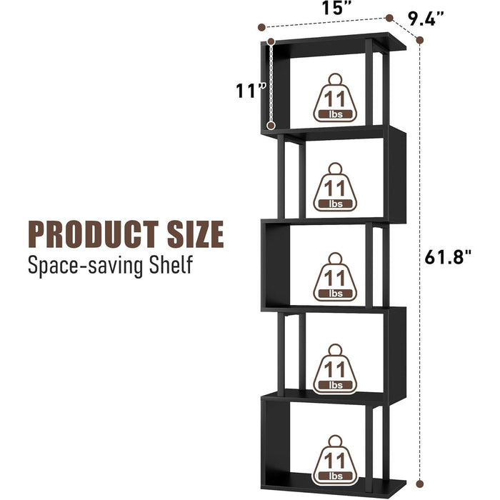 5-Tier Bookshelf, Tall S-Shaped Geometric Bookcase, Wood and Metal Decorative Storage Shelving, Modern Freestanding Display Shelves, Book Shelf Unit for Living Room Bedroom Home Office, Black
