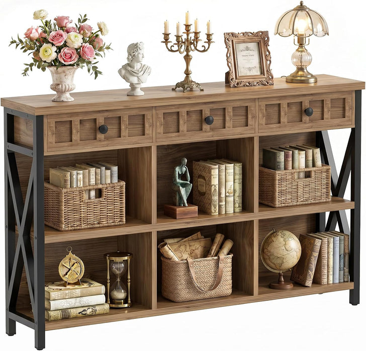 6 Cube Storage Organizer Bookcase, Cube Bookshelf with Drawers 47" | Short Open Bookshelf 3-Shelf Low Bookcase for Bedroom, Home Office, Living Room, Entryway, Brown Oak