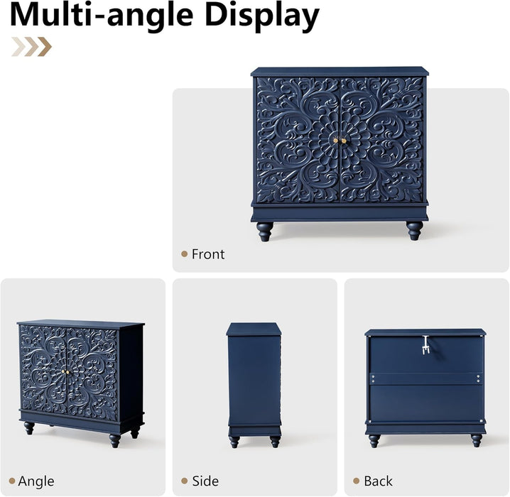 Accent Cabinet with 2 Doors, Luxury Carving Board Storage Sideboard with Adjustable Shelves, Buffet Cabinet Entryway Table for Living Room (Midnight Blue)