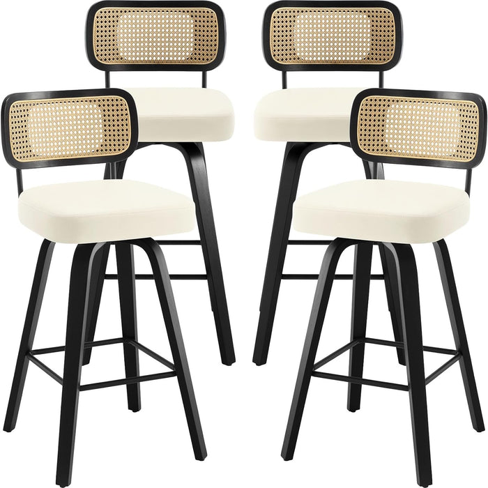 Swivel Counter Height Bar Stools Set of 4, Upholstered Faux Leather Barstools with Rattan Back, 26" Seat Height Bar Chairs Island Stools for Kitchen Counter, Black Wood Frame, Cream White