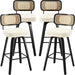 Swivel Counter Height Bar Stools Set of 4, Upholstered Faux Leather Barstools with Rattan Back, 26" Seat Height Bar Chairs Island Stools for Kitchen Counter, Black Wood Frame, Cream White