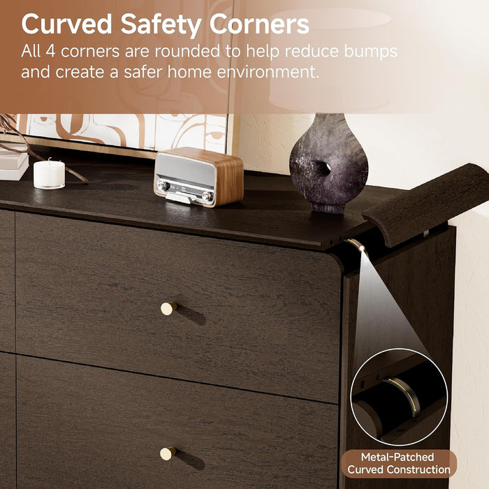 6 Drawer Dresser for Bedroom, 47.2” Wide Modern Chest of Drawers with Curved Profile Design, Wooden Dresser TV Stand with Gold Metal Handles, Large 6 Drawer Dresser for Bedroom, Living Room