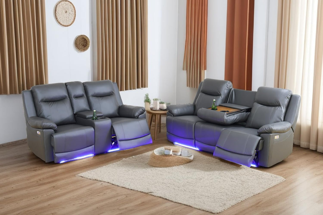 Power Leather Recliner Sofa Sets, 2 Pieces Living Room Furniture Sets with LED Lights, Grey Reclining Sofa Sets with USB Port for House/Office/Rv(B-Drak Grey, Sofa+Loveseat)