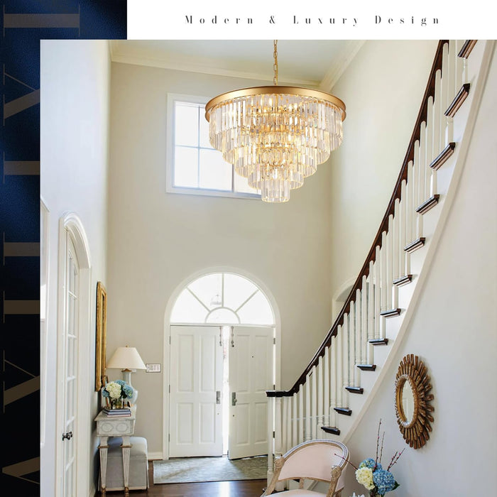 Large Crystal Chandeliers 30’’ Modern Gold round Chandeliers for High Ceiling K9 5-Tier Large Ceiling Chandelier Light Fixtures Luxury Chandelier for Staircase Foyer Living Room