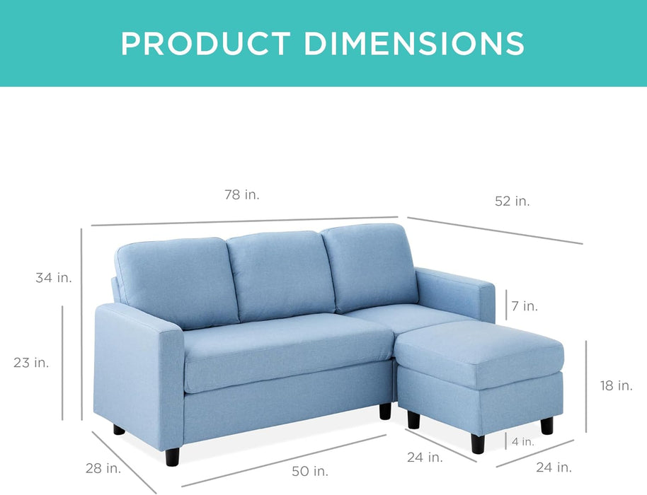 Upholstered Sectional Sofa for Home, Apartment, Dorm, Bonus Room, Compact Spaces W/Chaise Lounge, 3-Seat, L-Shape Design, Reversible Ottoman Bench, 680Lb Capacity - Light Blue