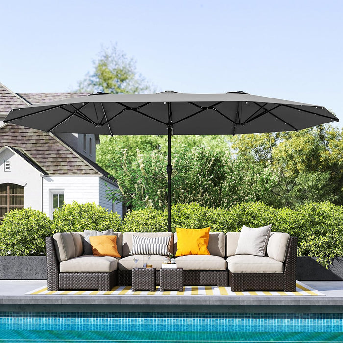 14.4Ft Large Patio Umbrella with 36 Solar LED Lights, Double Sided Outdoor Umbrella with Base Included