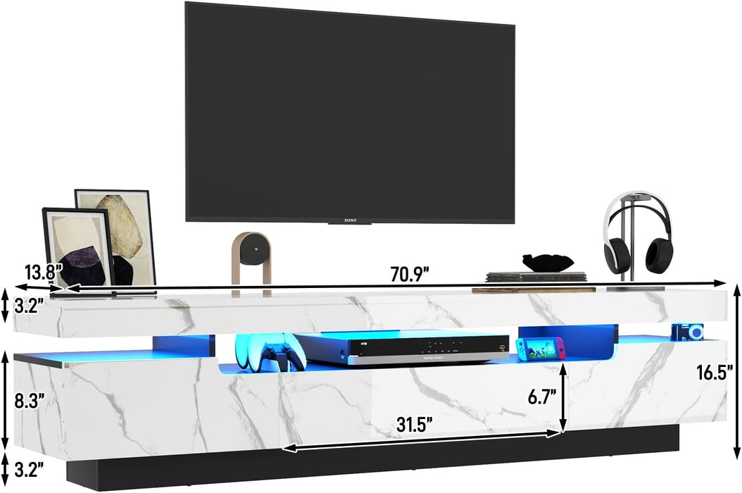 70IN White TV Stand for 75/80 Inch Tv,Modern LED TV Stand for Living Room,High Gloss Entertainment Center with Storage Drawer,App RGB Light,Tv Console,Television Stands(Marbling)