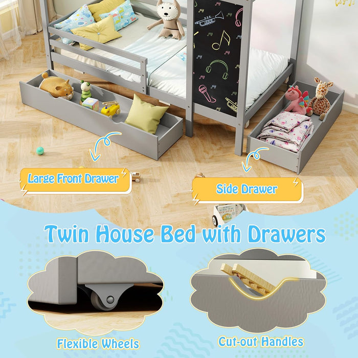 Twin House Bed With GreyWoodFinish Storage Drawers