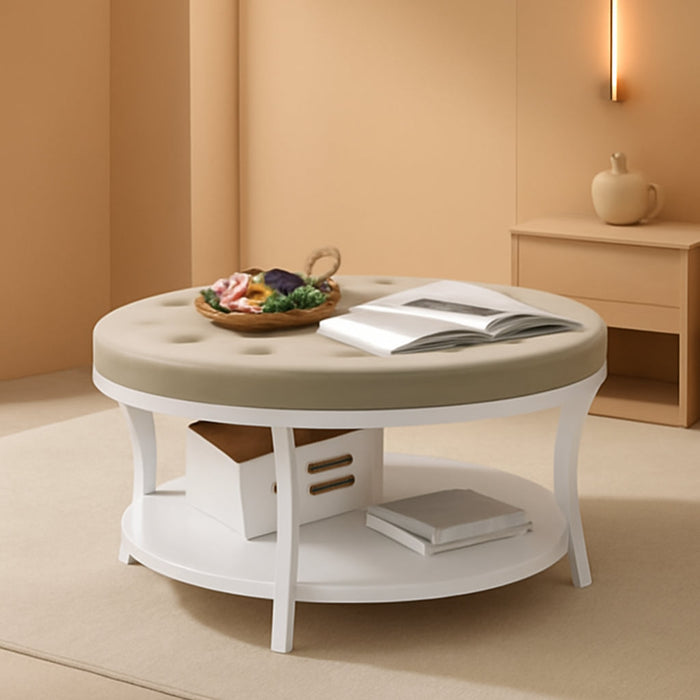 Large round Ottoman Coffee Table with Storage Shelf, 31.5 Inch Tufted Linen Upholstered Footrest Stool, Modern Accent Ottoman with Sturdy Metal Legs for Living Room, Bedroom, Dorm Decor, Beige