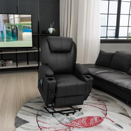 Power Lift Recliner Chair PU Leather with Massage for Elderly Ergonomic Lounge Chair Classic Single Sofa with 2 Cup Holders Side Pockets Home Theater Seat (Leather, Light Black)