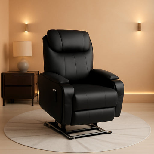 Power Lift Recliner Chair PU Leather with Massage for Elderly Ergonomic Lounge Chair Classic Single Sofa with 2 Cup Holders Side Pockets Home Theater Seat (Leather, Light Black)