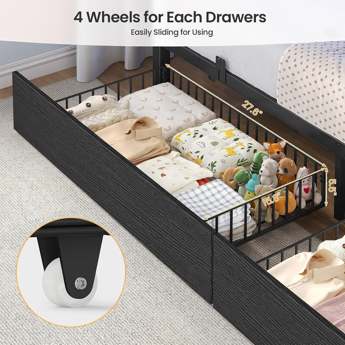 Black FullOverFull Bunk Bed LEDLighting Quality Durable