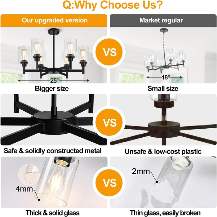 Black Chandeliers, 6 Light Dining Room Light Fixtures over Table, Farmhouse Chandeliers for Dining Room with Clear Glass Shade for Kitchen Island Living Room Bedroom Bathroom, Height Adjustable