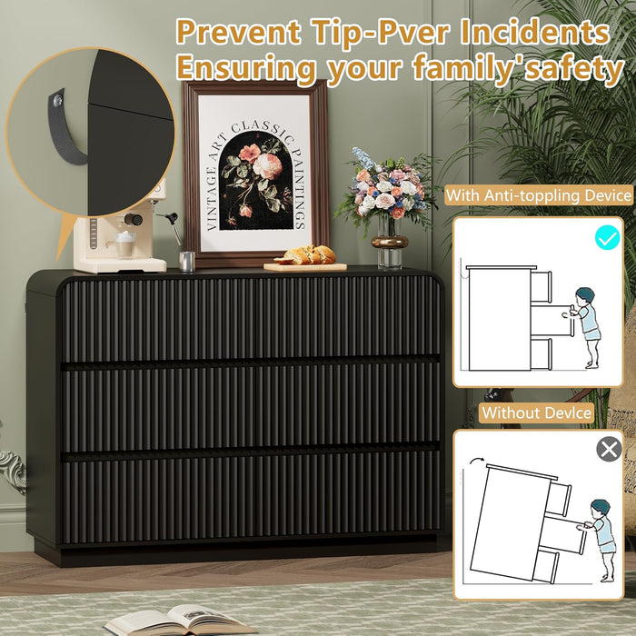 Black Dresser Fluted 6 Drawers Dresser for Bedroom, 47" Wide Wood Chest of Drawers with Hidden Handles & Rounded Corners, Modern TV Stand Storage Cabinet for Living Room, Hallway, Entryway
