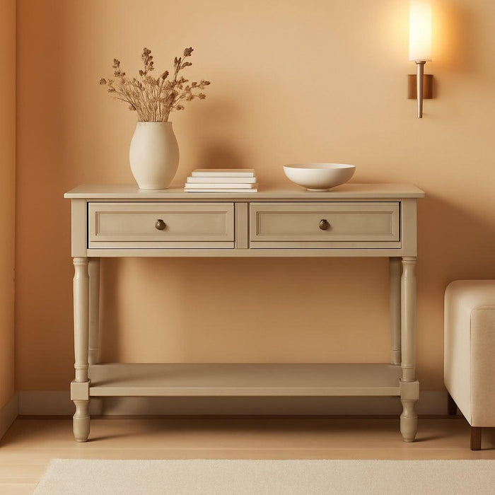 Home Collection Tate Greige 2-Drawer Bottom Shelf Console Table