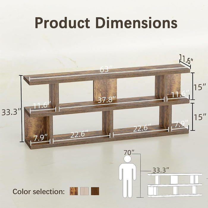 63" Low Bookcase Long Bookshelf, Wide Storage Shelves, Rustic Brown | 3-Tier Horizontal Bookshelf, for Office Bedroom Living Room Corner, Short Wooden Bookshelves, Farmhouse Rustic, Display Rack