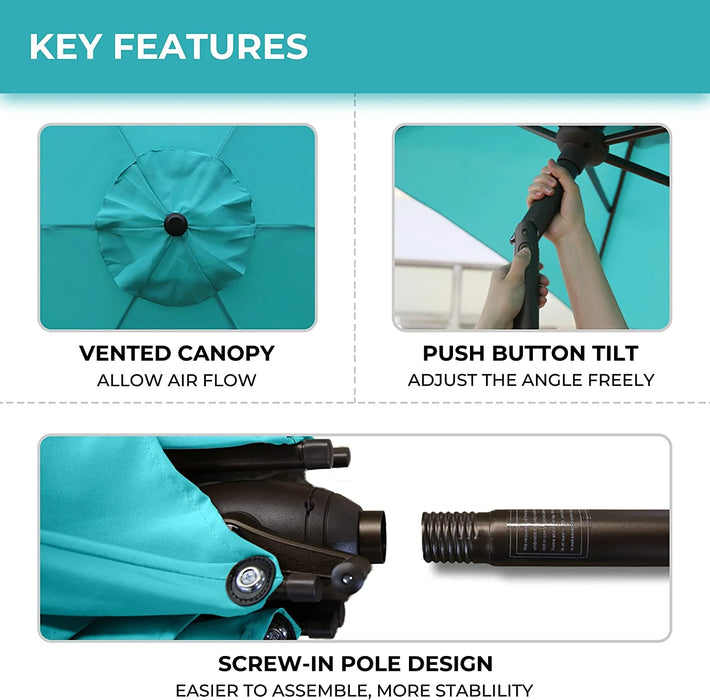 9Ft Outdoor Patio Umbrella W/ Push Button Tilt and Crank, 8 Ribs, Turquoise