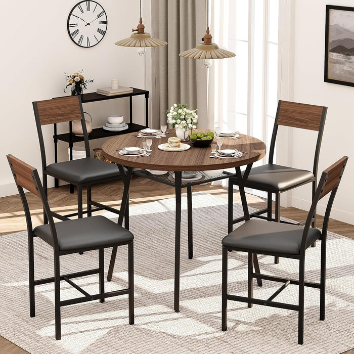 round Dining Table Set for 4, Kitchen Table and Chairs for 4, Dining Room Circle Dinner Pedestal Table, Solid Metal Frame,Space Saving Wood Kitchen & Dining Room Furniture,Walnut