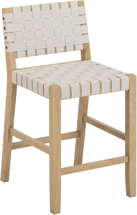 Cohen Mid Century Modern Bar Stool, Upholstered Faux Leather Counter Stool with Back and Solid Wood Legs, off White