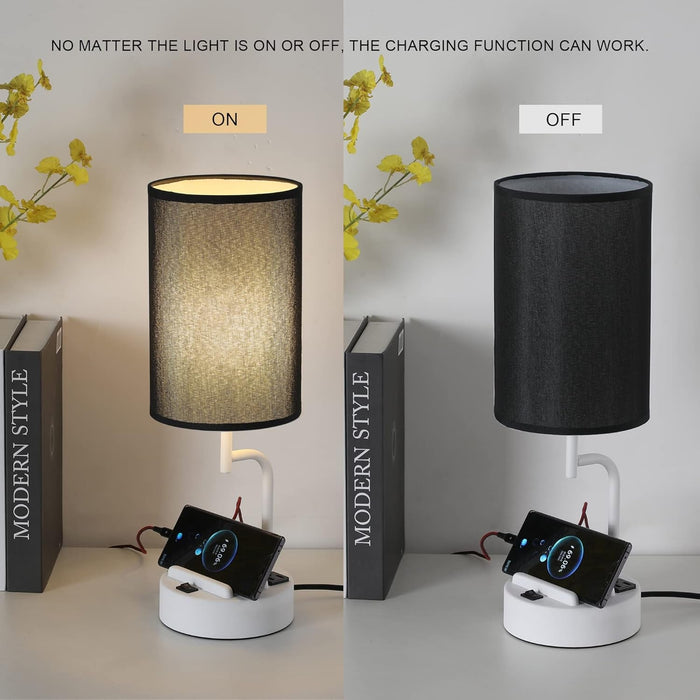 Table Lamp with 3 USB Charging Ports, Modern Desk Lamp with AC Outlet and Phone Stands, Perfect Bedside Lamp for Bedroom, Living Room, Office (Pack of 2), White&Black