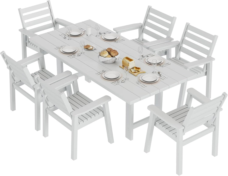 7-Piece HDPE Outdoor Dining Table Set with 6 Chairs, 71" L Patio Dining Furniture Set with Umbrella Hole, Modern Dinner Table & Chairs Set for Garden, Backyard, Poolside, White